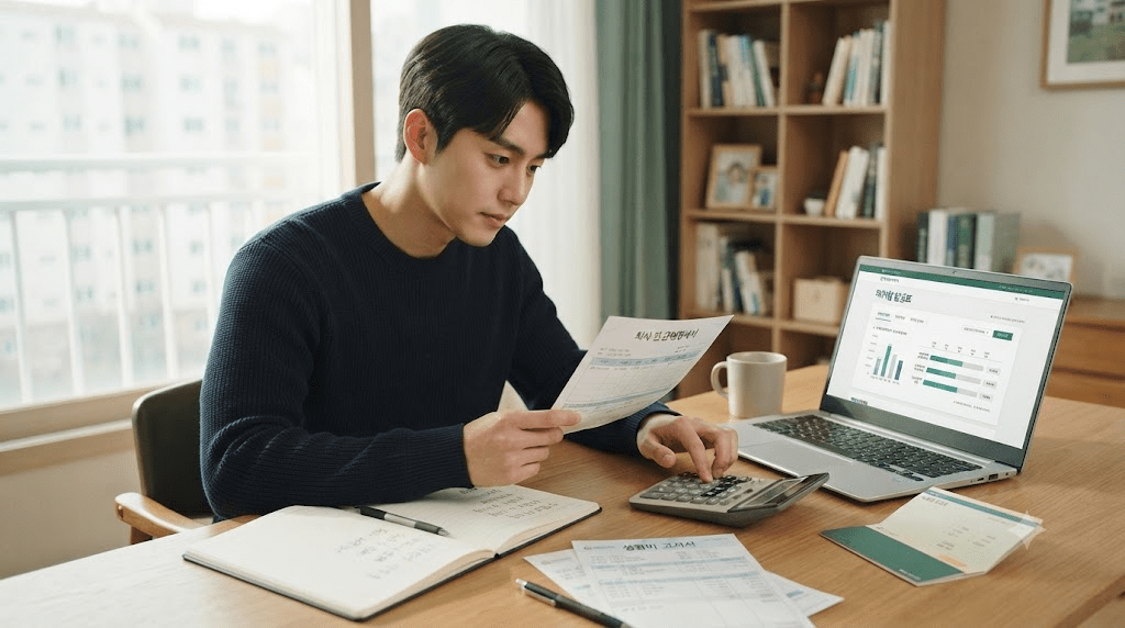 노트북과 인쇄 서류를 검토하는 남성