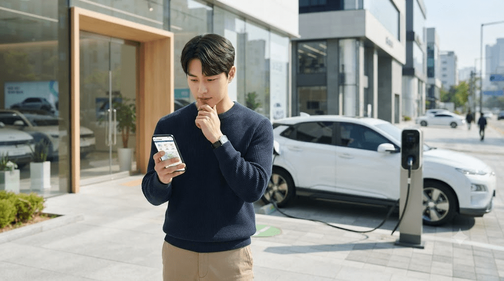 자동차 앞에서 휴대전화를 확인하는 남성