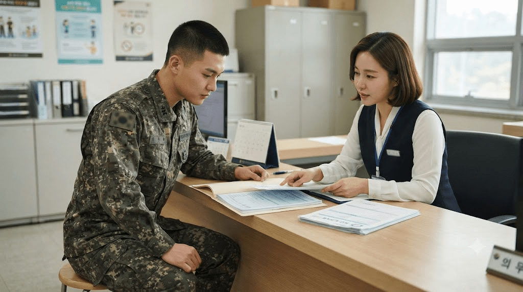 상담사와 서류를 확인하는 군인