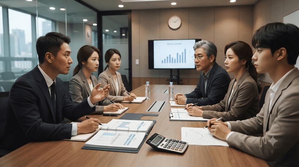 그래프 화면과 서류를 두고 회의하는 사람들