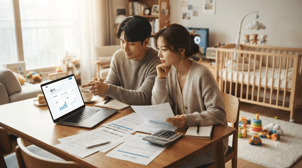 노트북 옆에서 영수증과 계산기를 확인하는 부부