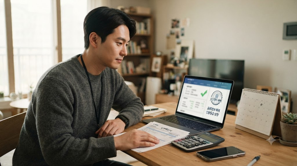노트북 또는 컴퓨터 화면과 서류를 확인하는 남성