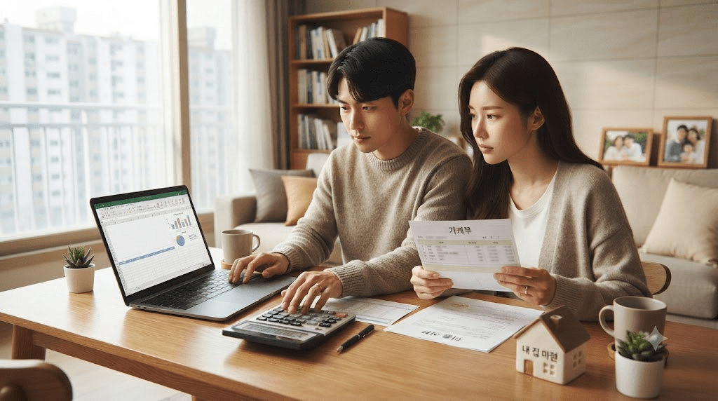 노트북과 금융 서류를 함께 검토하는 부부