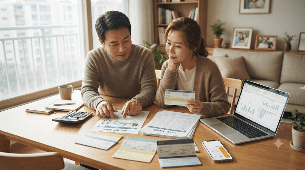 노트북과 계산기를 두고 서류를 검토하는 부부