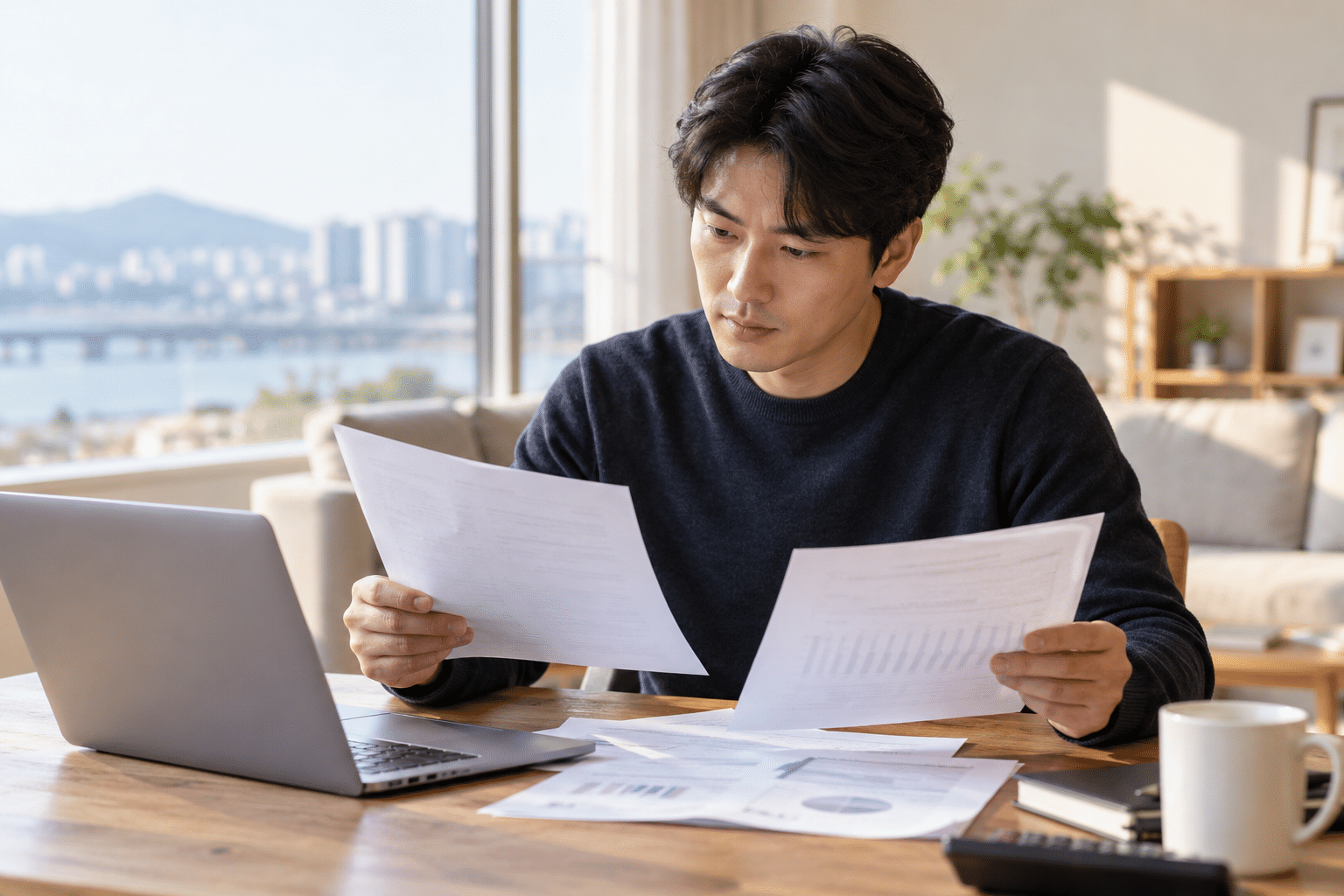 ETF 자료를 살펴보는 한국인 남성