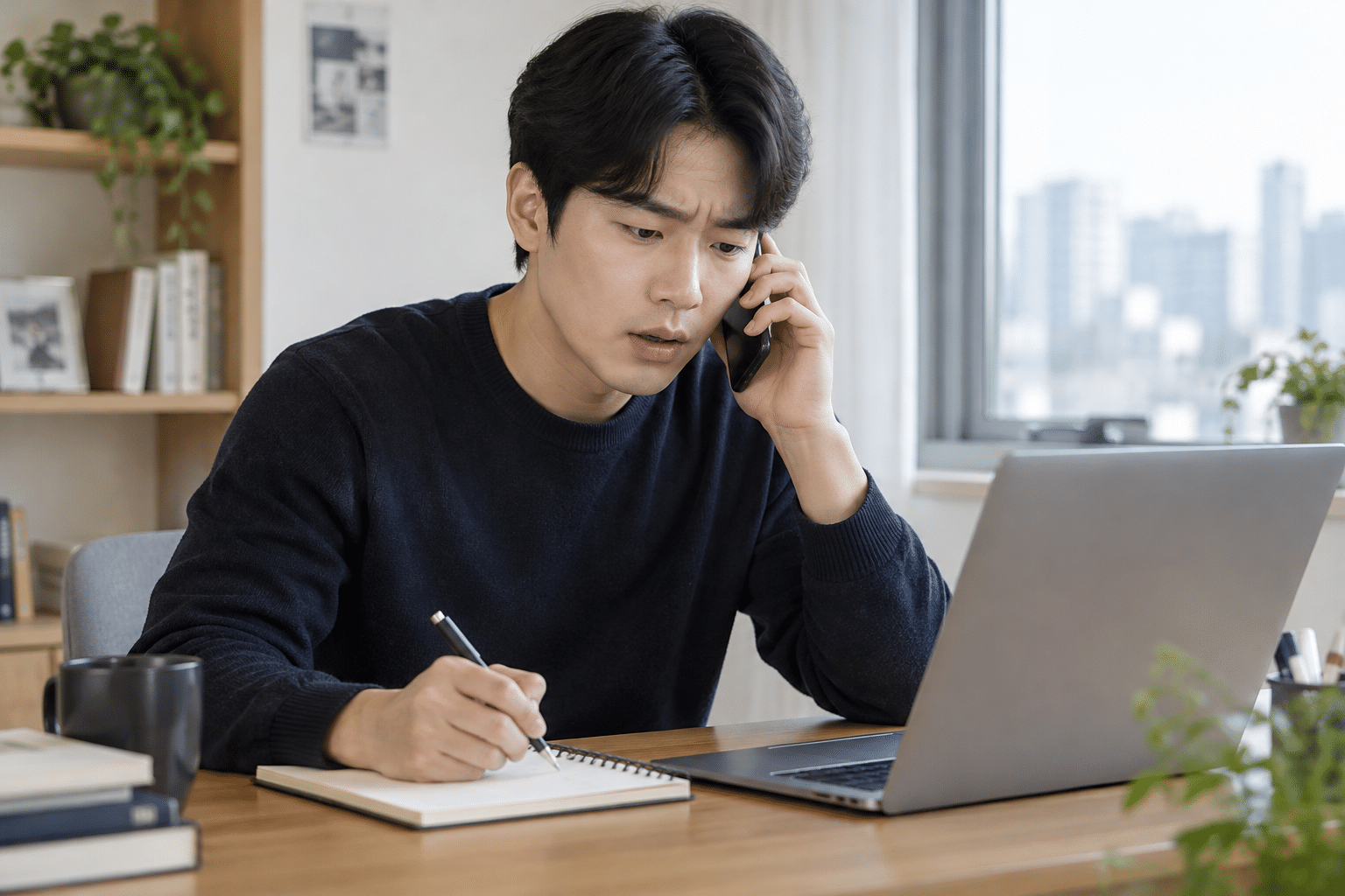 SB톡톡 계좌개설 오류 상담을 위해 메모하는 한국인 성인