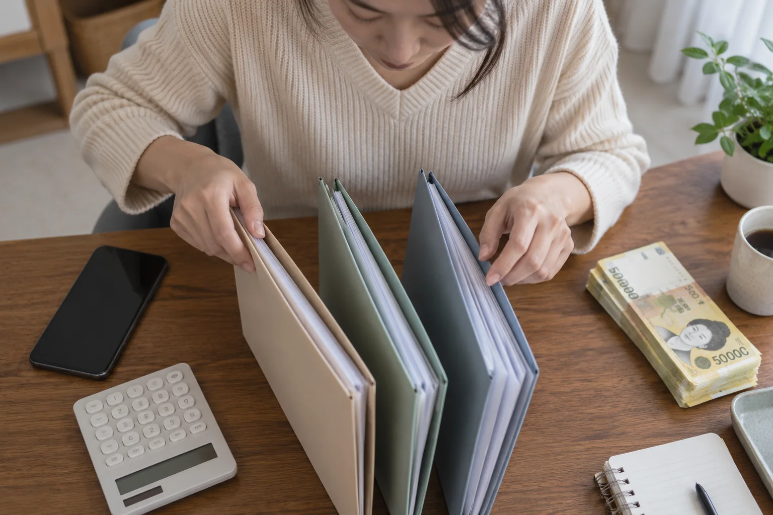 출금가능금액 확인을 위해 계산기와 상품 자료를 나눠 보는 한국인의 손