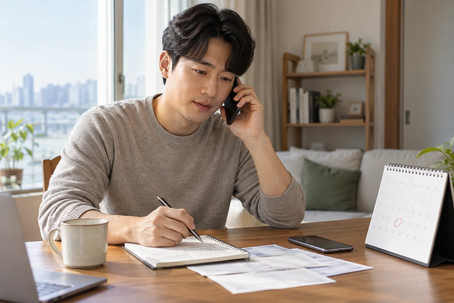 CMA 이체 가능 시간을 고객센터에 확인하는 한국인 남성