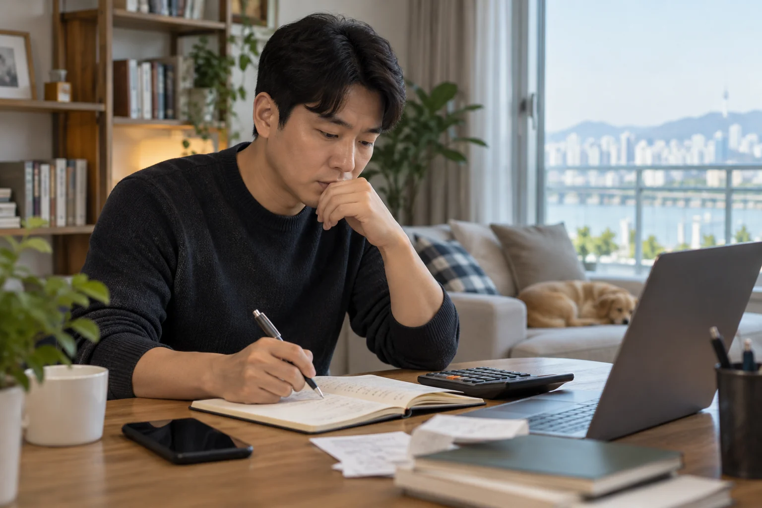 ETF 분배금과 보유 평가액을 노트에 정리하는 한국인 남성