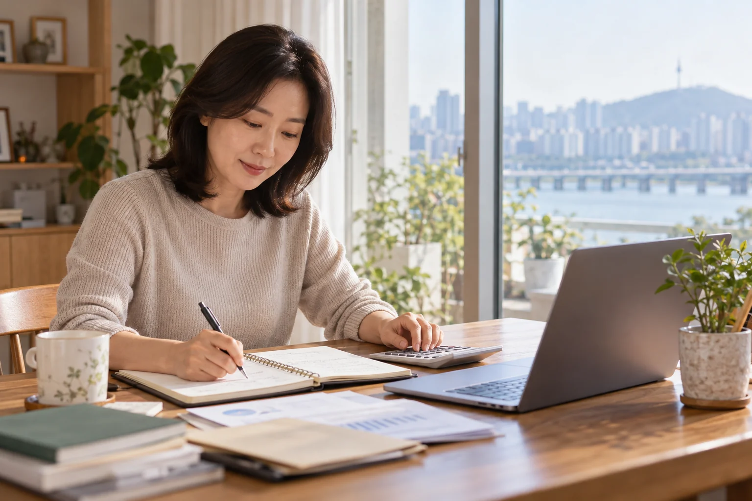 ETF 분배금 재투자 계획을 세우는 한국인 여성