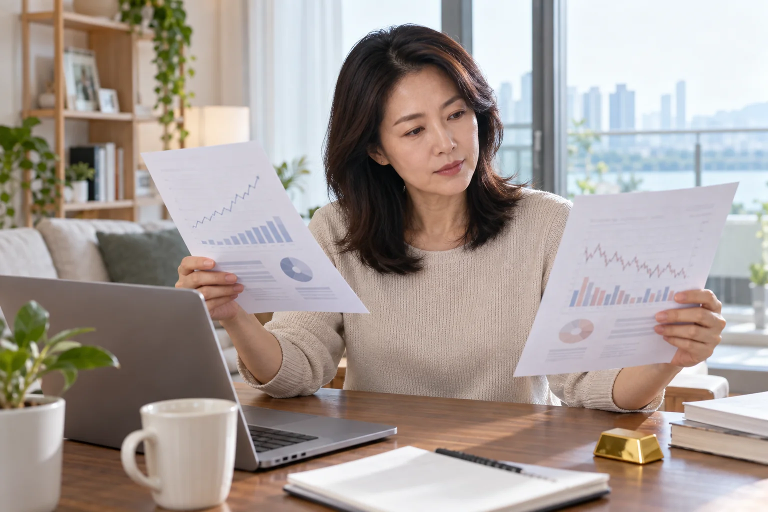 금 ETF 환헤지 여부를 상품 자료로 비교하는 한국인 여성