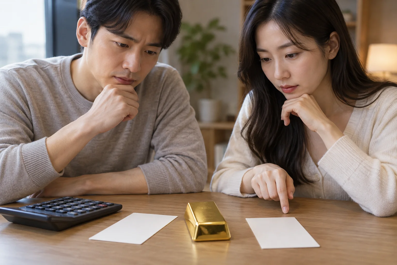 금 ETF 환헤지 비교를 위해 금색 소품과 계산기를 살피는 한국인 부부