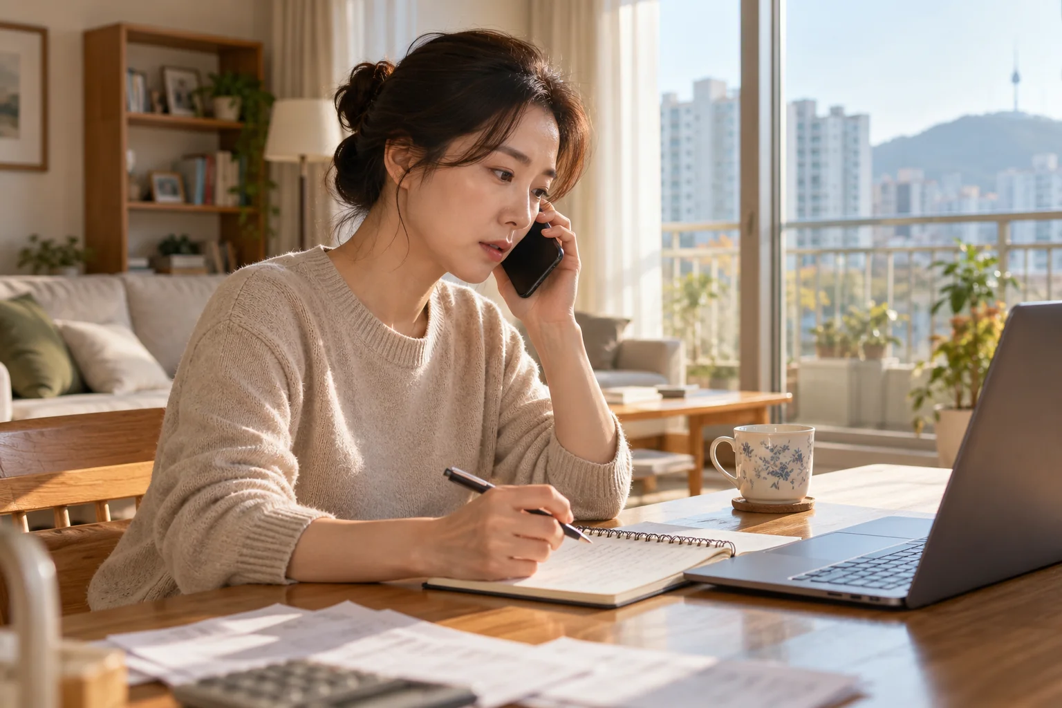 미수금 납부 내역을 확인하며 고객센터에 문의하는 한국인 여성