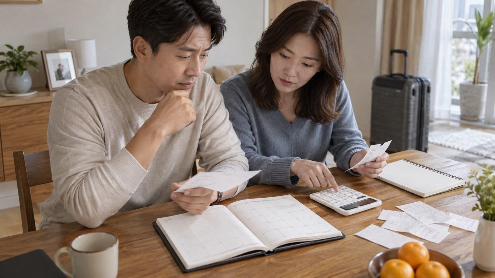 2026 추석 금융거래 일정 안내용 설명 장면: 거래일과 필요 금액을 정리하는 한국인 부부