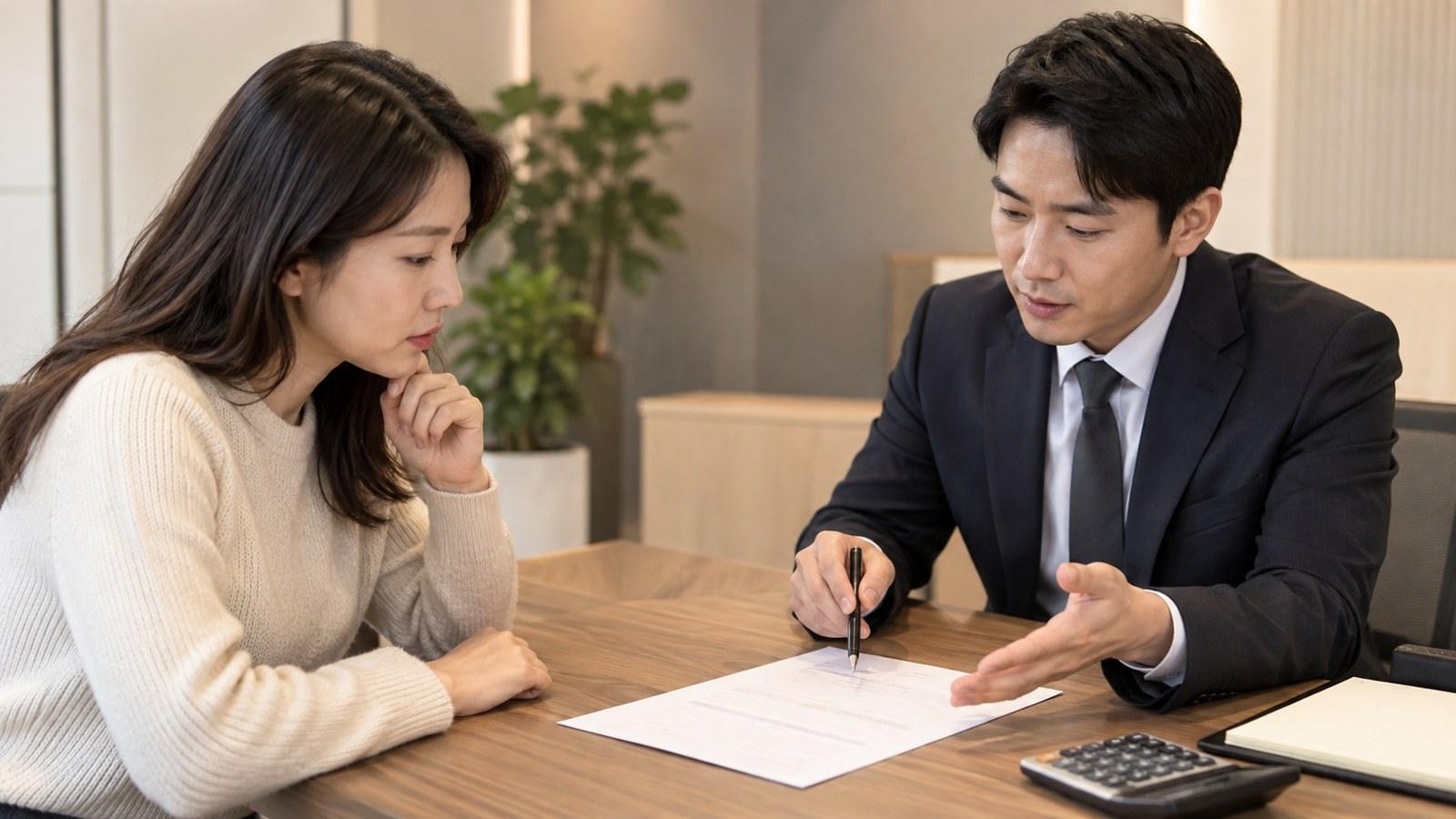 휴일 전후 금융거래 처리 조건을 상담하는 한국인 고객과 직원