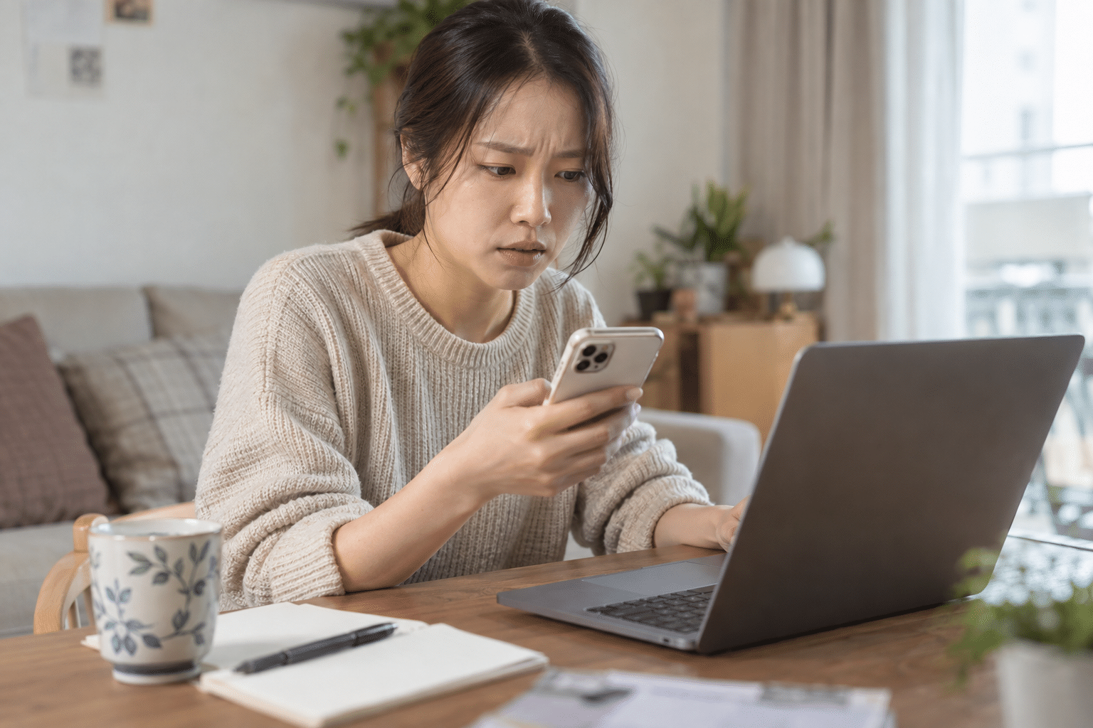 카드결제 취소 반영 여부를 스마트폰으로 확인하는 한국인 여성