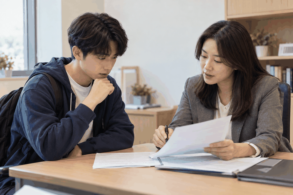 한국인 대학생이 상담자와 주거비 증빙 서류를 검토하는 설명 장면