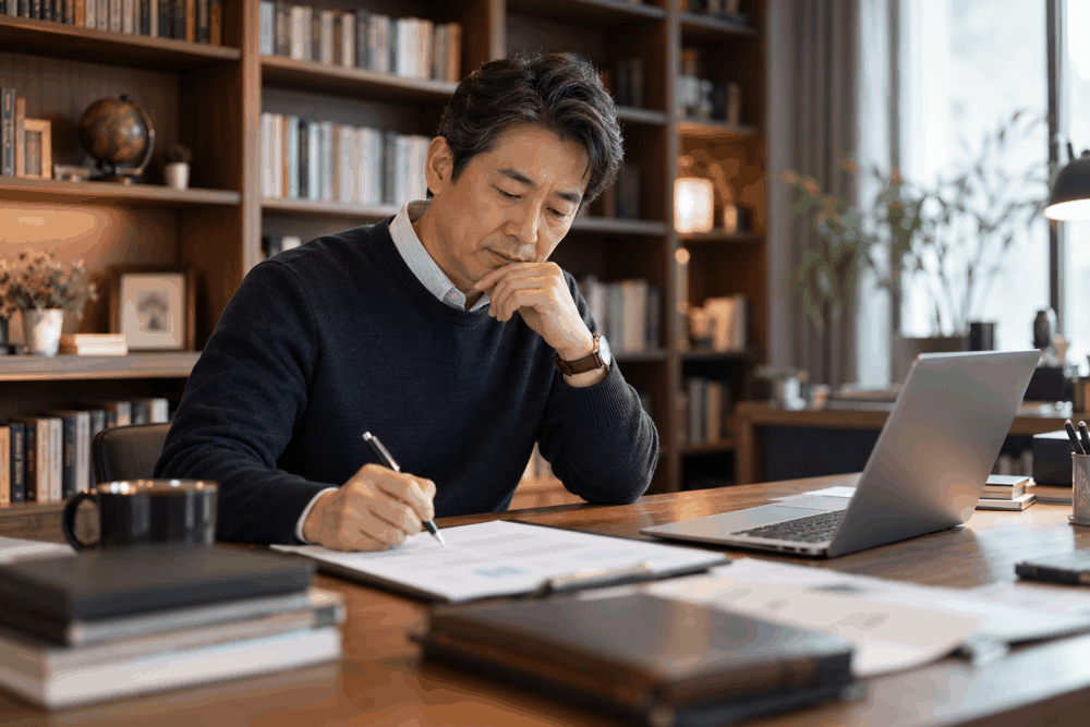 한국인 중년 남성이 노트북 옆에서 지수 비교 점검표를 작성하는 모습