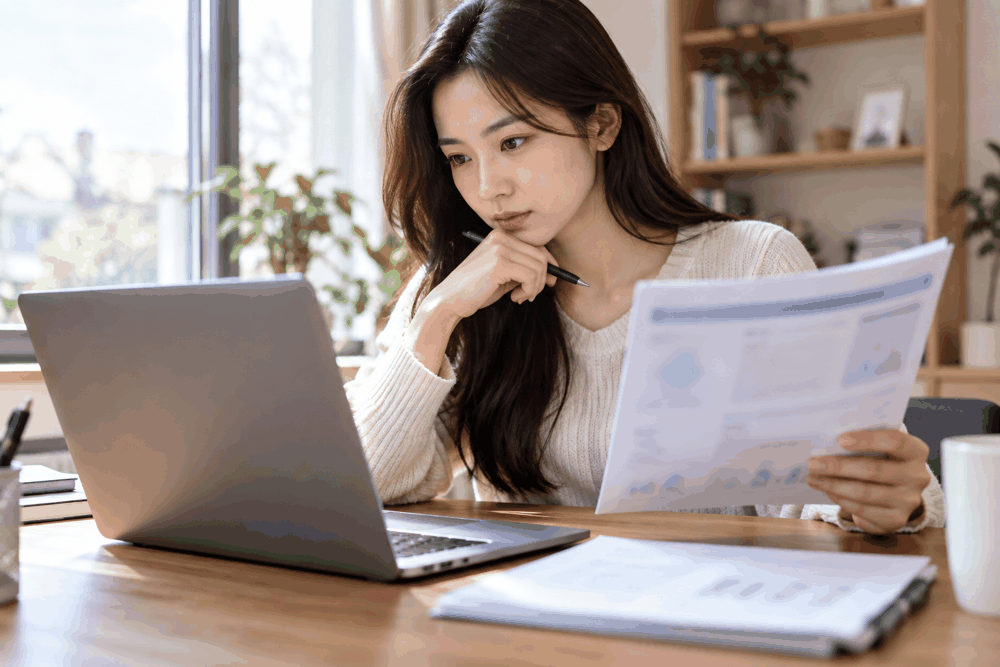 나스닥 확인: 한국인 성인이 두 화면의 전체 상품명을 확인하는 책상 장면