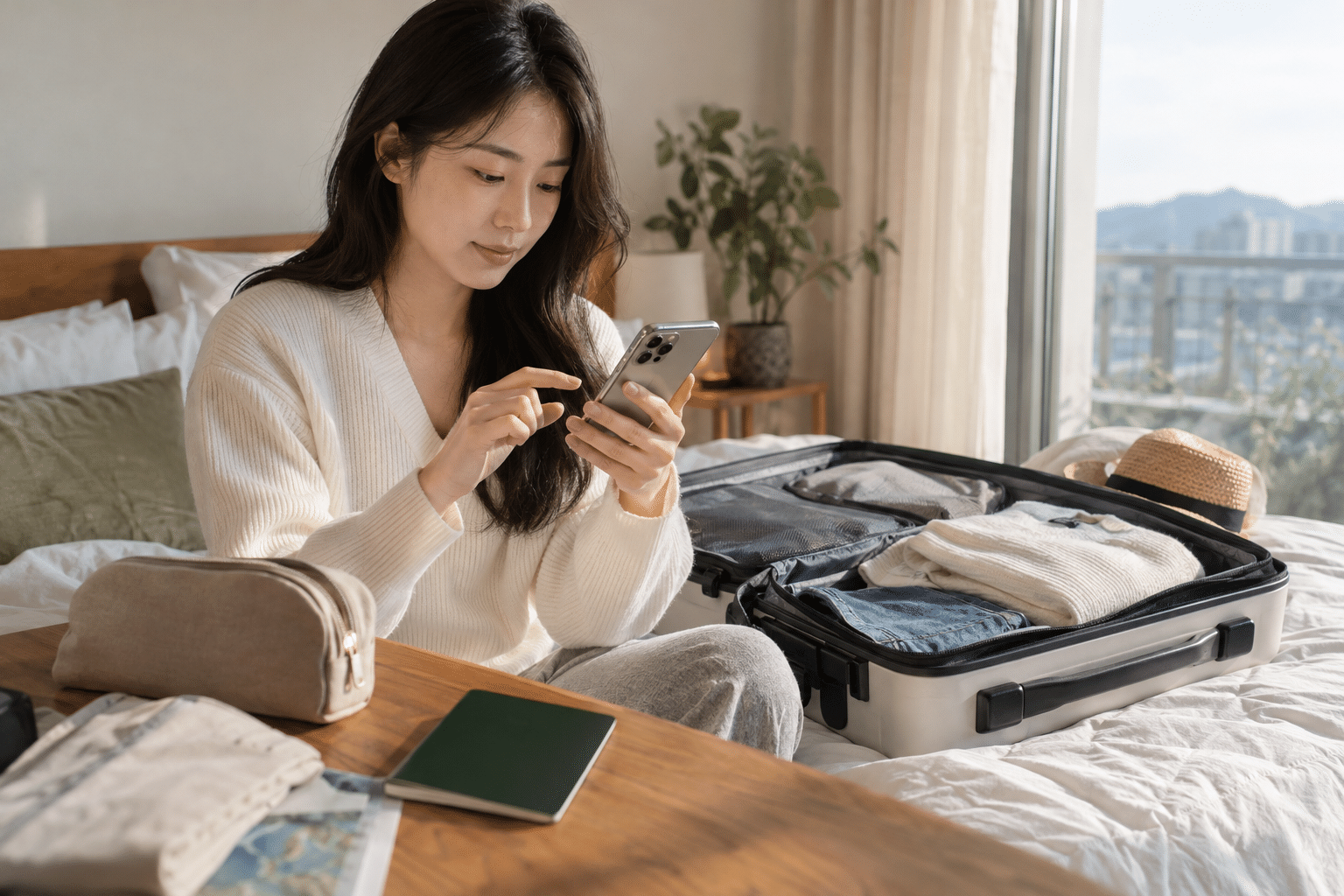 해외원화결제차단 설정을 확인하며 여행을 준비하는 한국인 여성