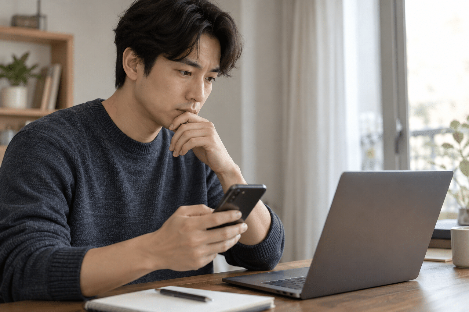 금융인증서 공동인증서 차이를 비교하며 노트북을 사용하는 한국인 여성