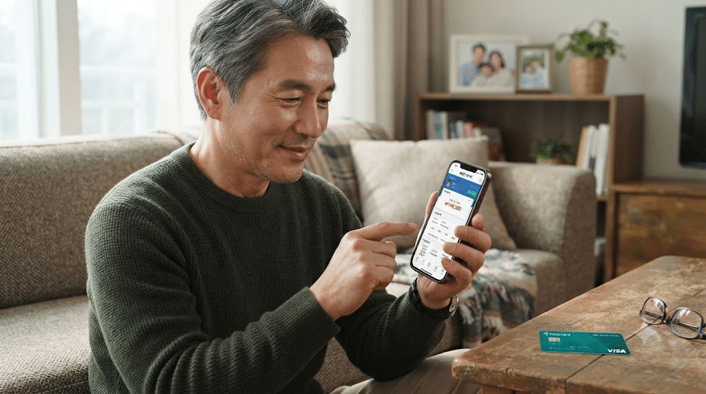 앱으로 국민건강보험 환급금을 조회하고 환급계좌를 등록하는 한국인 남성