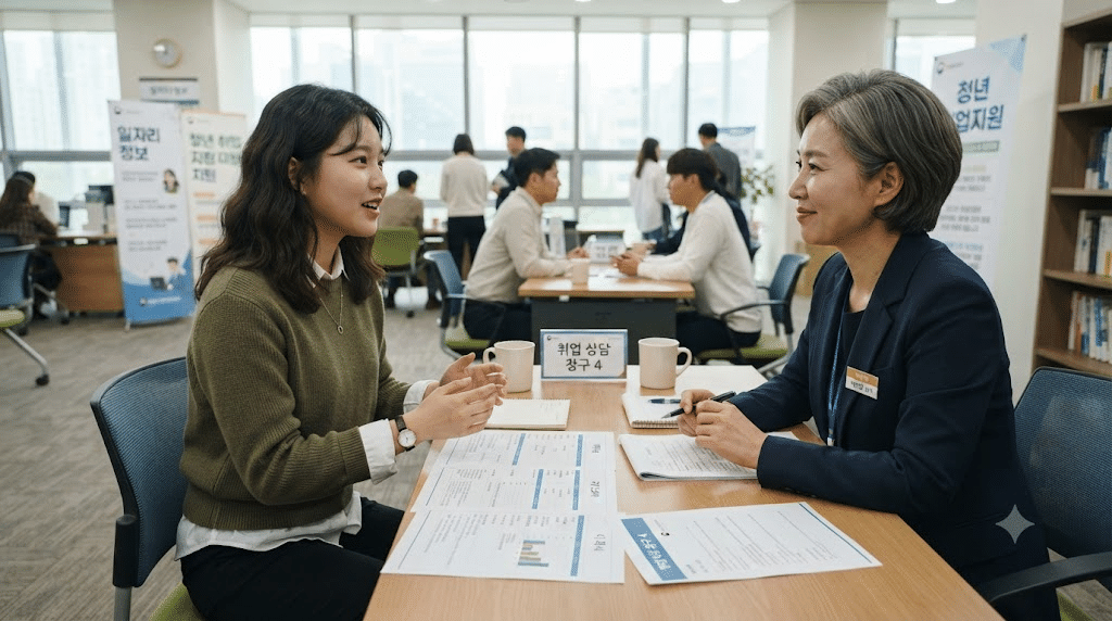 구인구직 사이트 구직 신청 후 취업 상담을 받는 한국인 여성