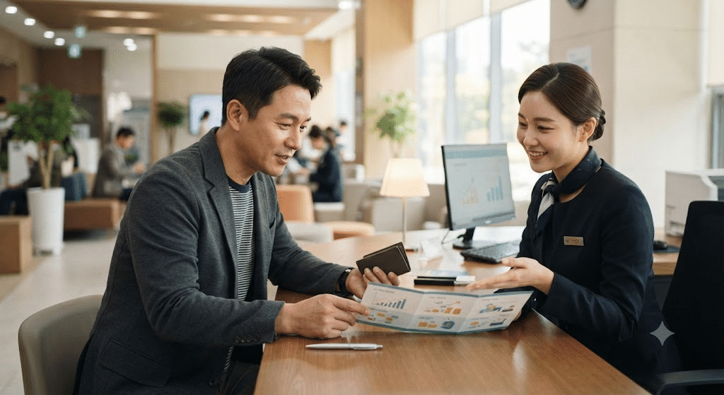 은행 창구에서 적금 상품 기본금리와 우대조건을 확인하는 남성