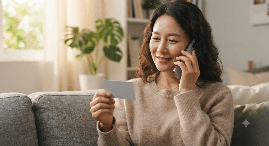 삼성카드 고객센터에 전화로 분실신고를 하는 여성