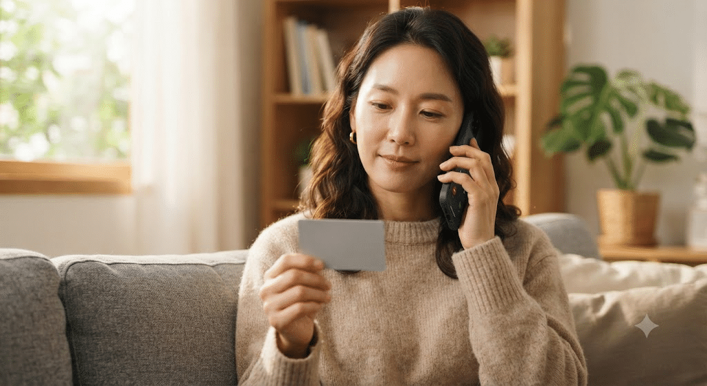 국민카드 고객센터에 전화로 분실신고를 하는 여성