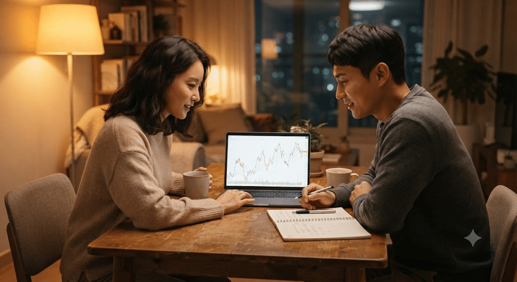 VIX지수 변동성 차트를 보며 투자 계획을 상의하는 부부