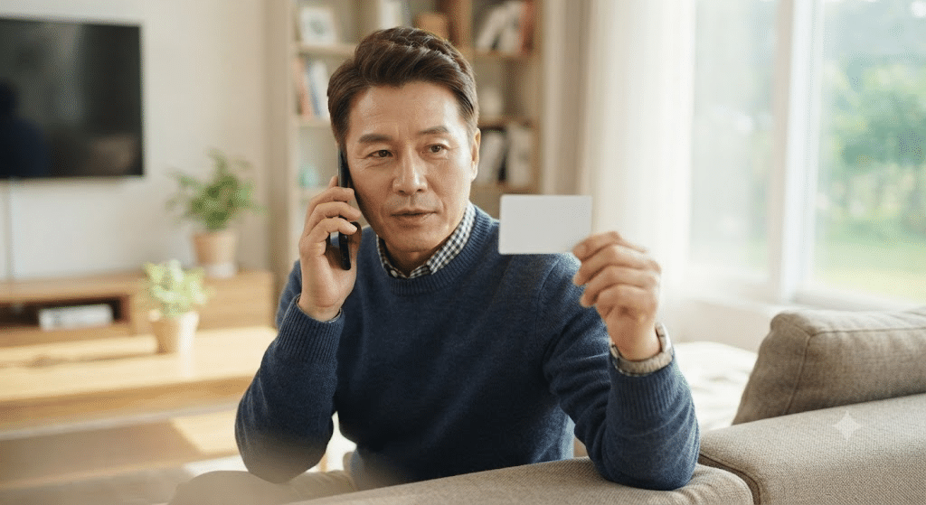 농협카드 고객센터에 전화로 상담하는 남성