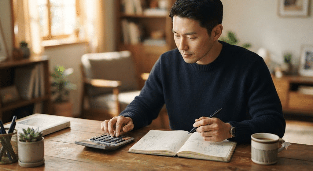계산기로 정기예금 이자를 계산하는 남성