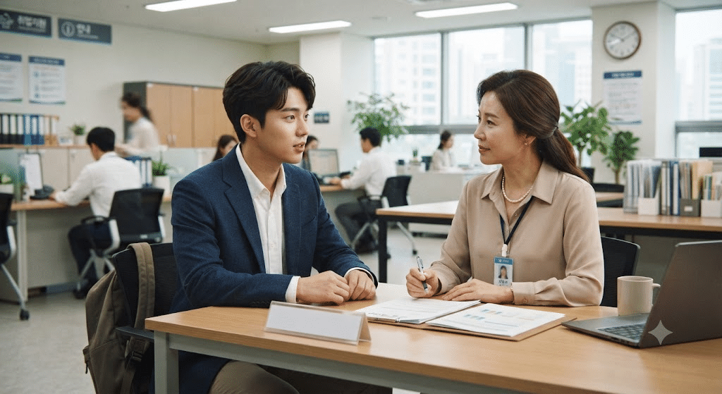 고용센터에서 실업급여조건과 신청방법을 상담받는 구직자
