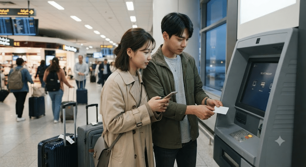 해외 공항 ATM에서 트래블로그 체크카드로 현지 통화를 인출하는 커플