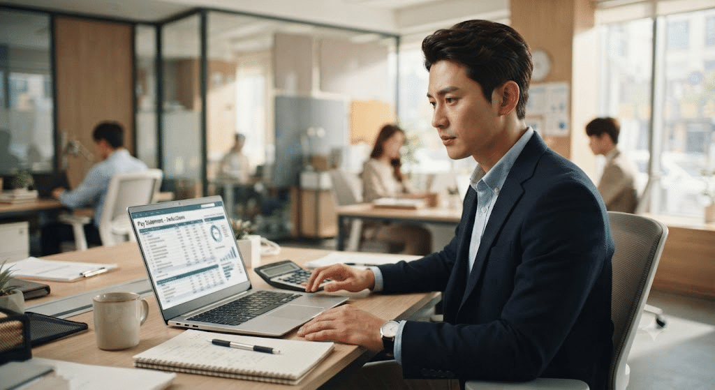 사대보험계산기로 공제액을 확인하는 직장인