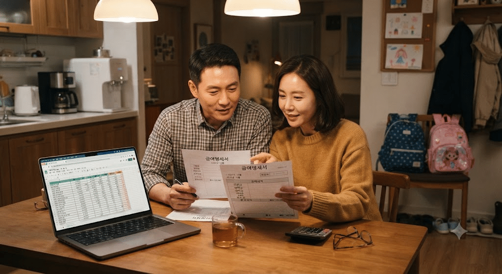 4인 가족 실수령액을 급여명세서와 비교하는 부부