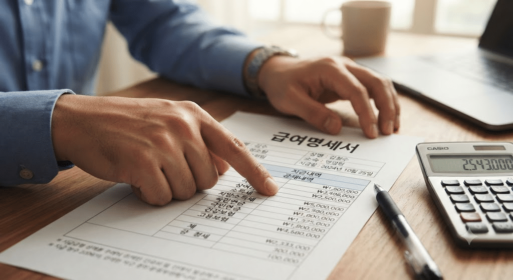 급여명세서의 4대보험과 근로소득세 공제 항목 확인