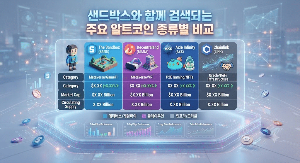 샌드박스코인과 함께 검색되는 알트코인을 종류별로 비교하는 모습