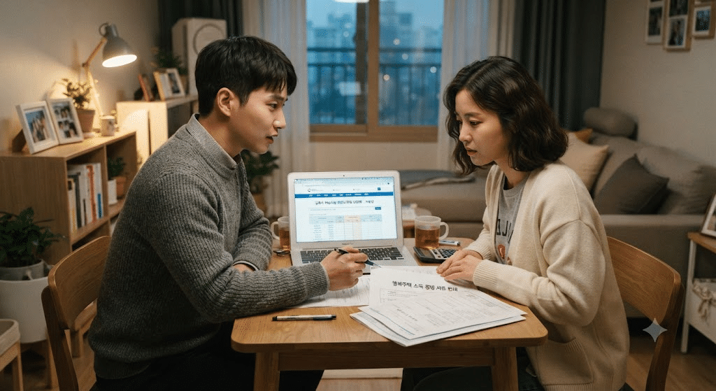 신혼희망타운 입주자 모집공고와 소득 기준을 확인하는 부부
