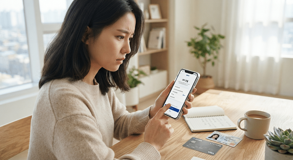 빗썸 비트코인 거래를 위해 KB국민은행 계좌를 연결하는 여성