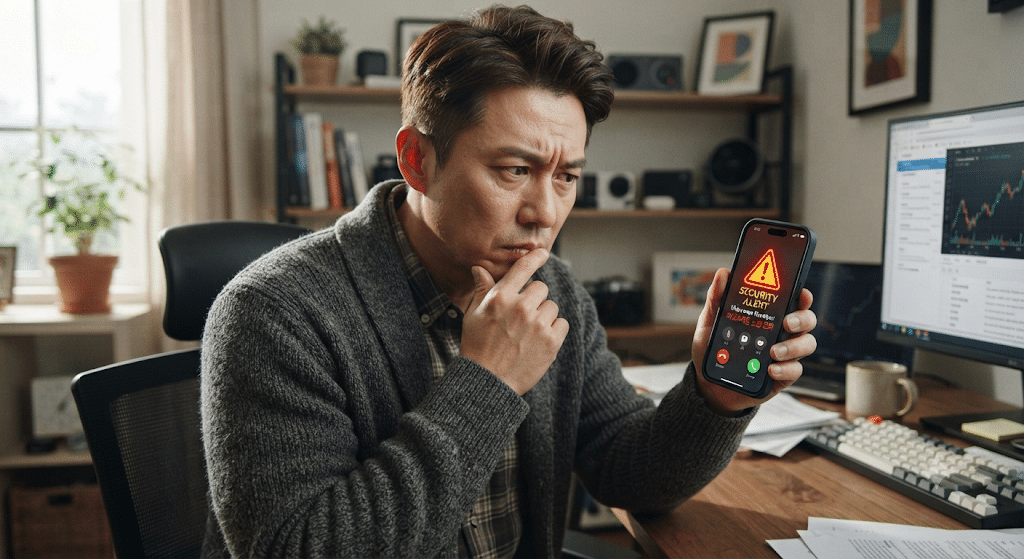 빗썸 사칭 전화를 경계하는 남성
