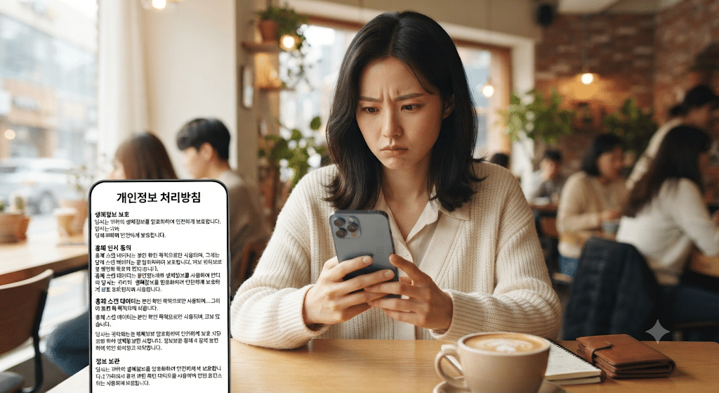 월드코인 홍채 정보 처리 방침을 확인하는 여성