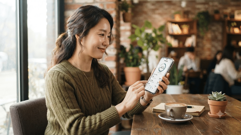 데이터 안심옵션이 적용된 알뜰폰 요금제를 확인하는 한국인 여성