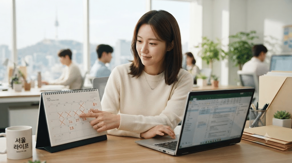 연차 발생 기준을 확인하며 휴가를 계획하는 한국인 직장인