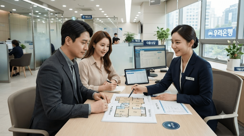 주택 구입을 위해 퇴직연금담보대출 한도를 상담하는 부부