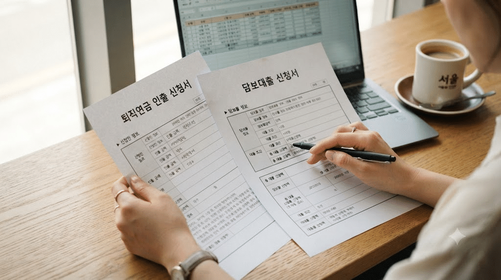 퇴직연금담보대출과 중도인출 서류를 비교하는 모습