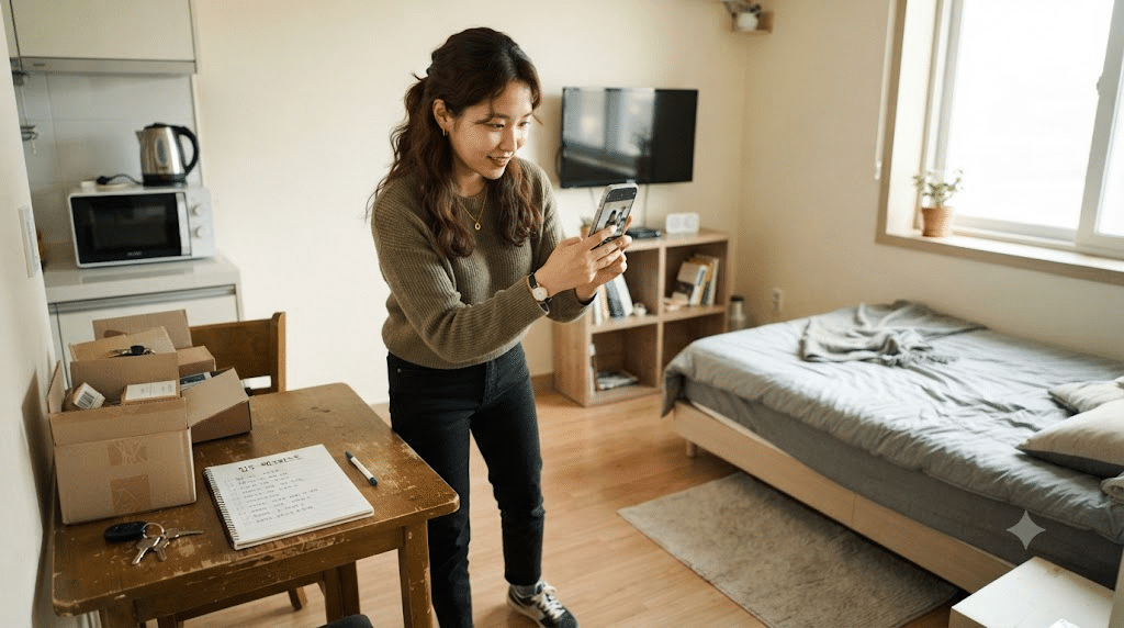 단기임대 입주 첫날 집 상태를 사진으로 기록하는 한국인 여성