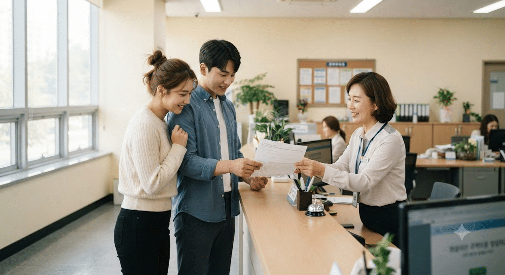 관리사무소에서 장기수선충당금 반환을 위한 납부확인서를 발급받는 한국인 부부