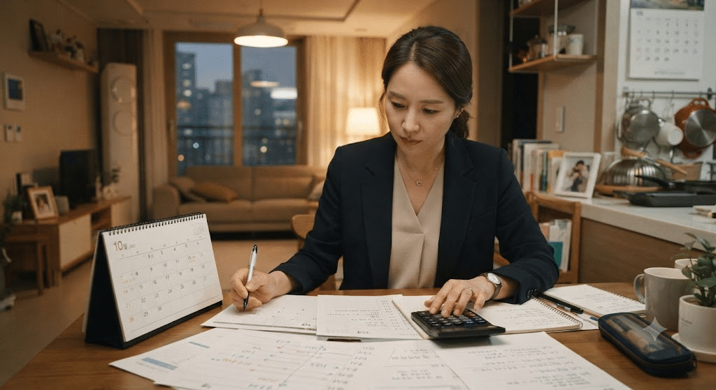 등하원도우미 이용 시간과 비용을 달력과 계산기로 계산하는 한국인 맞벌이 엄마